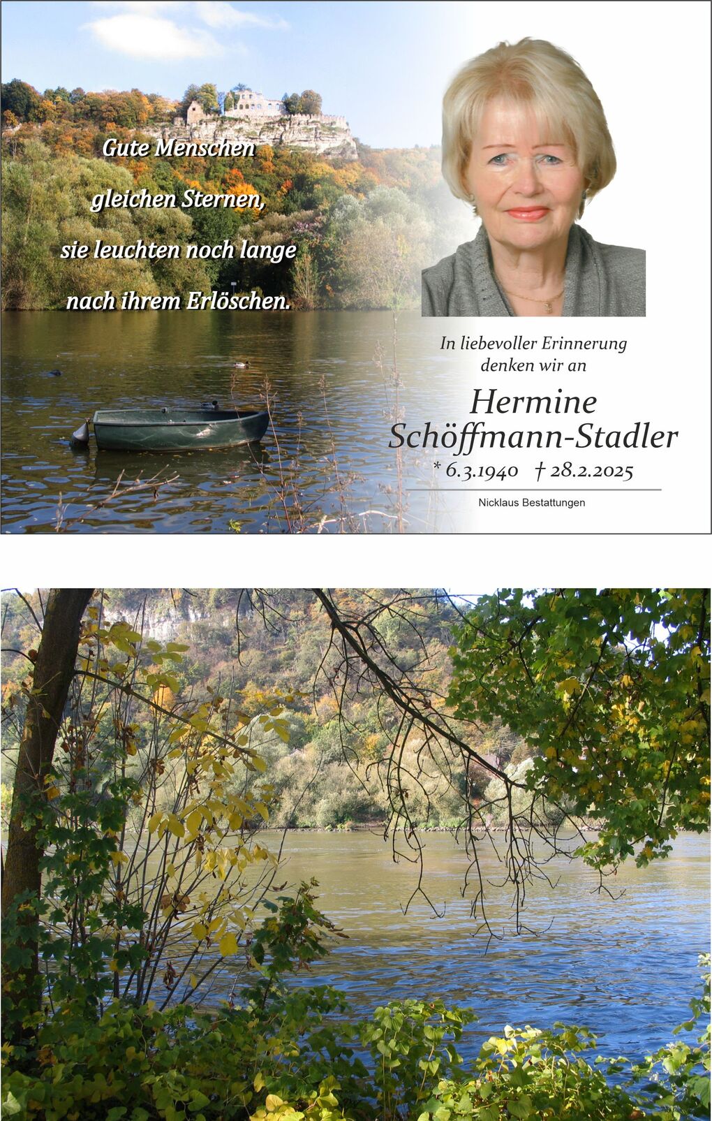 Gedenkblatt f&uuml;r Hermine Sch&ouml;ffmann-Stadler mit Portr&auml;t und landschaftlichem Hintergrund an einem Gew&auml;sser.