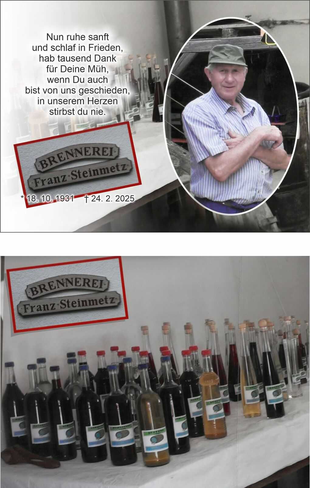 Portr&auml;t eines Mannes mit Hut neben einer Brennerei und Flaschen verschiedenen Inhalts auf einem Tisch.