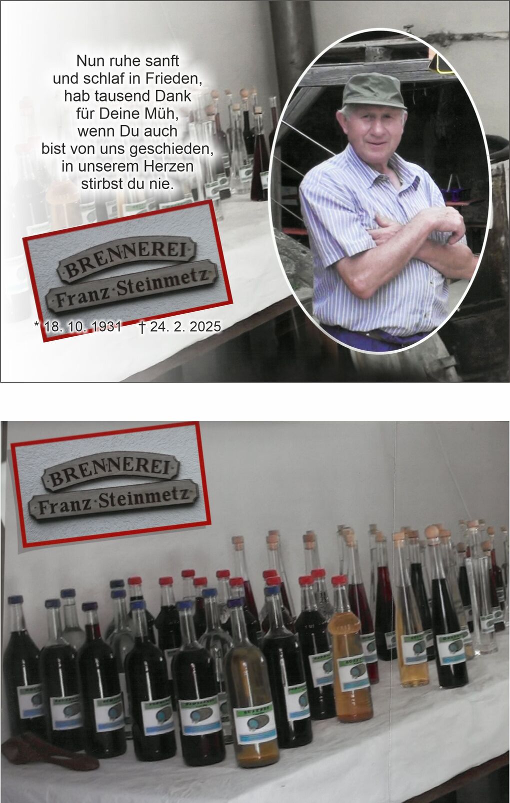 Portr&auml;t eines Mannes mit Hut neben einer Brennerei und Flaschen verschiedenen Inhalts auf einem Tisch.