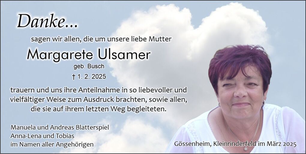 Trauerkarte mit Bild einer Frau, gefolgt von Dankesworten an Angeh&ouml;rige f&uuml;r deren Beileid und Unterst&uuml;tzung.