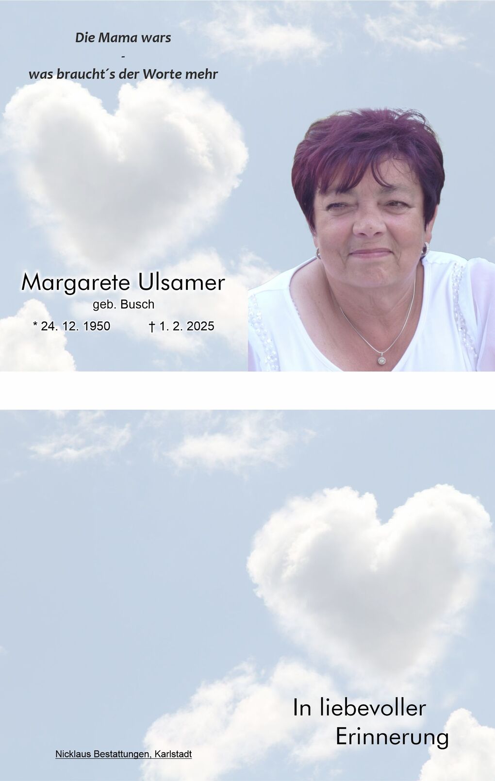 Portrait einer Frau mit kurzen, rotbraunen Haaren vor einem Himmel mit herzf&ouml;rmigen Wolken und textlicher Ehrung.