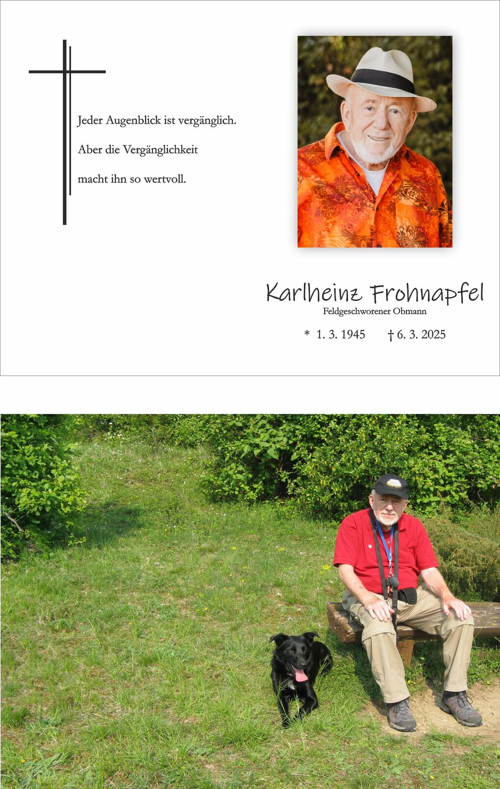 Ein &auml;lterer Mann mit wei&szlig;em Bart und schwarzem Hut sitzt auf einer Bank, neben ihm liegt ein schwarzer Hund.