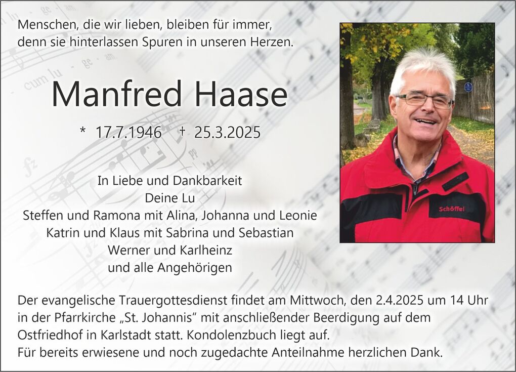 Traueranzeige f&uuml;r Manfred Haase mit pers&ouml;nlichem Foto und Informationen zur Trauerfeier.