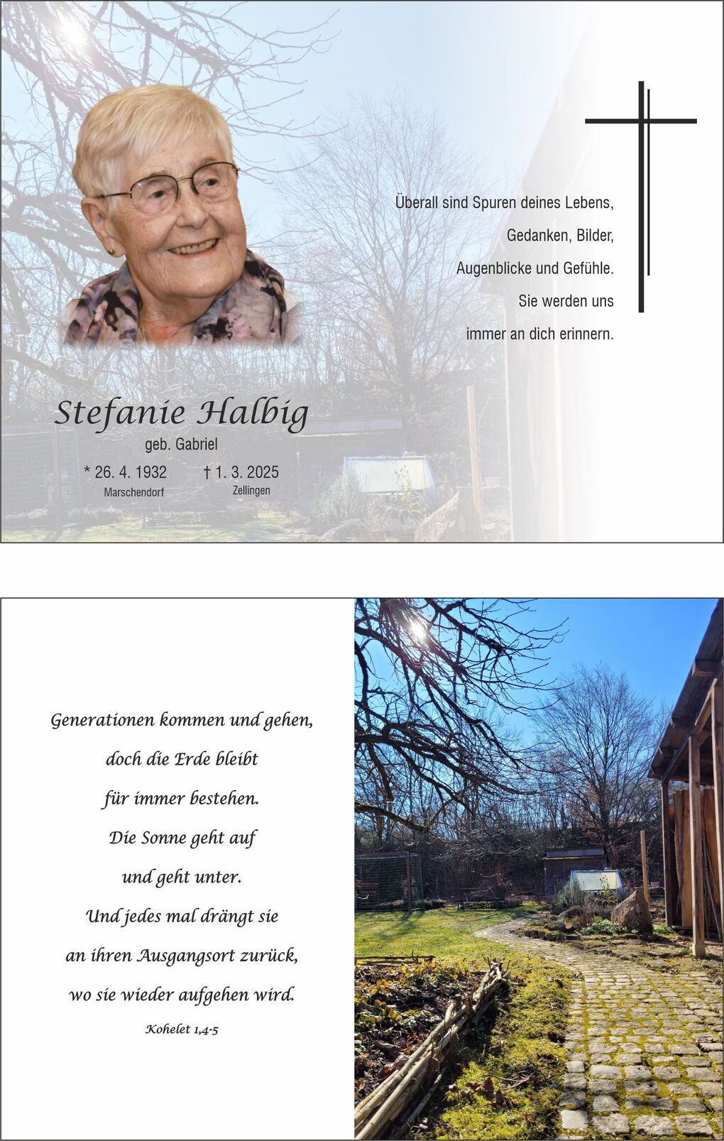 Bild von Stefanie Halbig mit pers&ouml;nlichen Daten und einem Garten im Hintergrund, in dem B&auml;ume und Wege sichtbar sind.