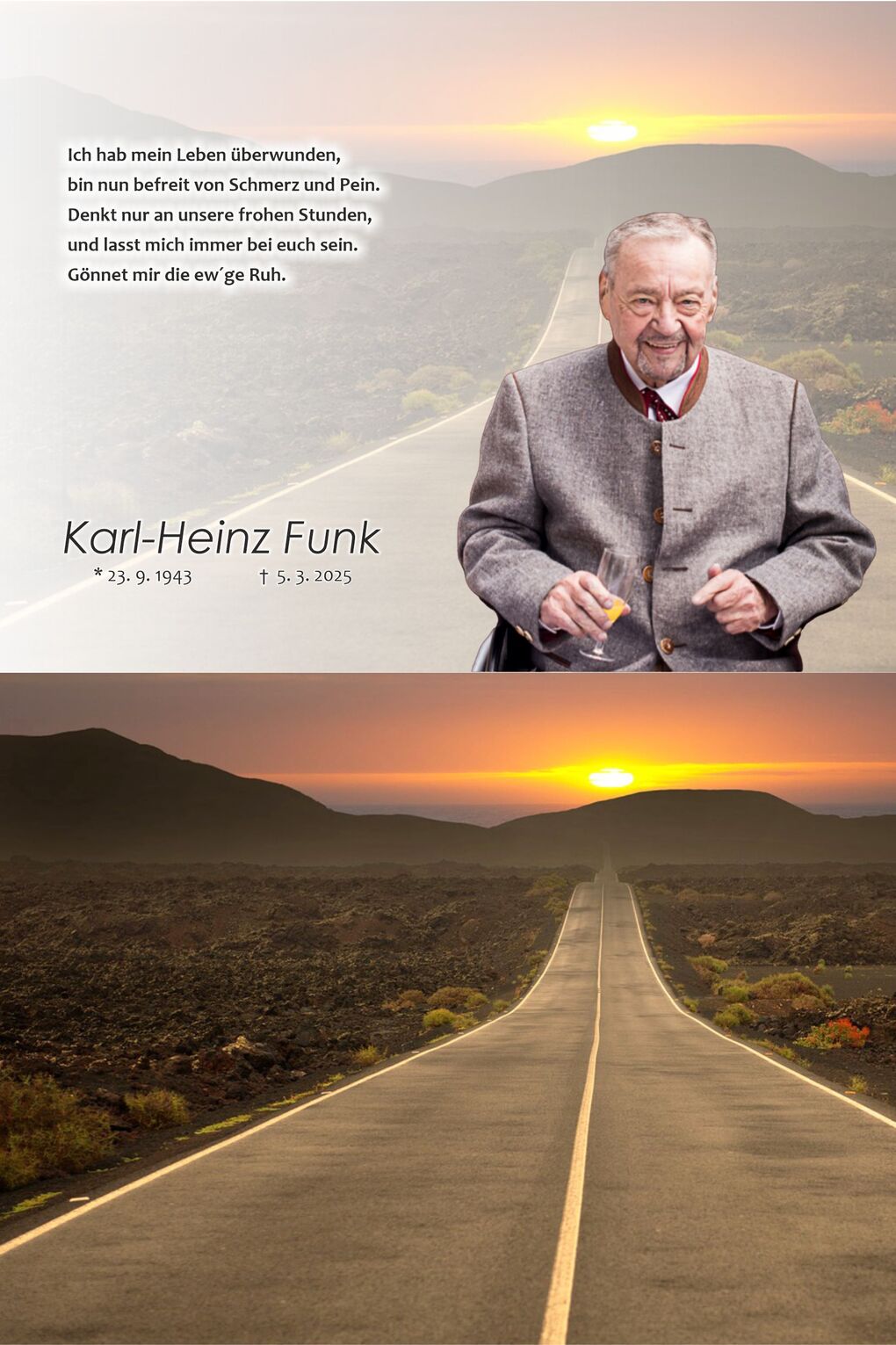 Portrait eines &auml;lteren Mannes in traditioneller Kleidung mit Glas, vor einer Landschaft mit Stra&szlig;e und Sonnenuntergang.