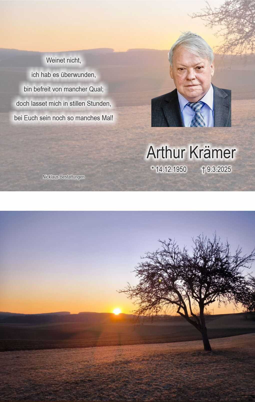 Traumhafte Landschaft mit Sonnenaufgang &uuml;ber H&uuml;geln und einem Baum im Vordergrund auf frostigem Feld.