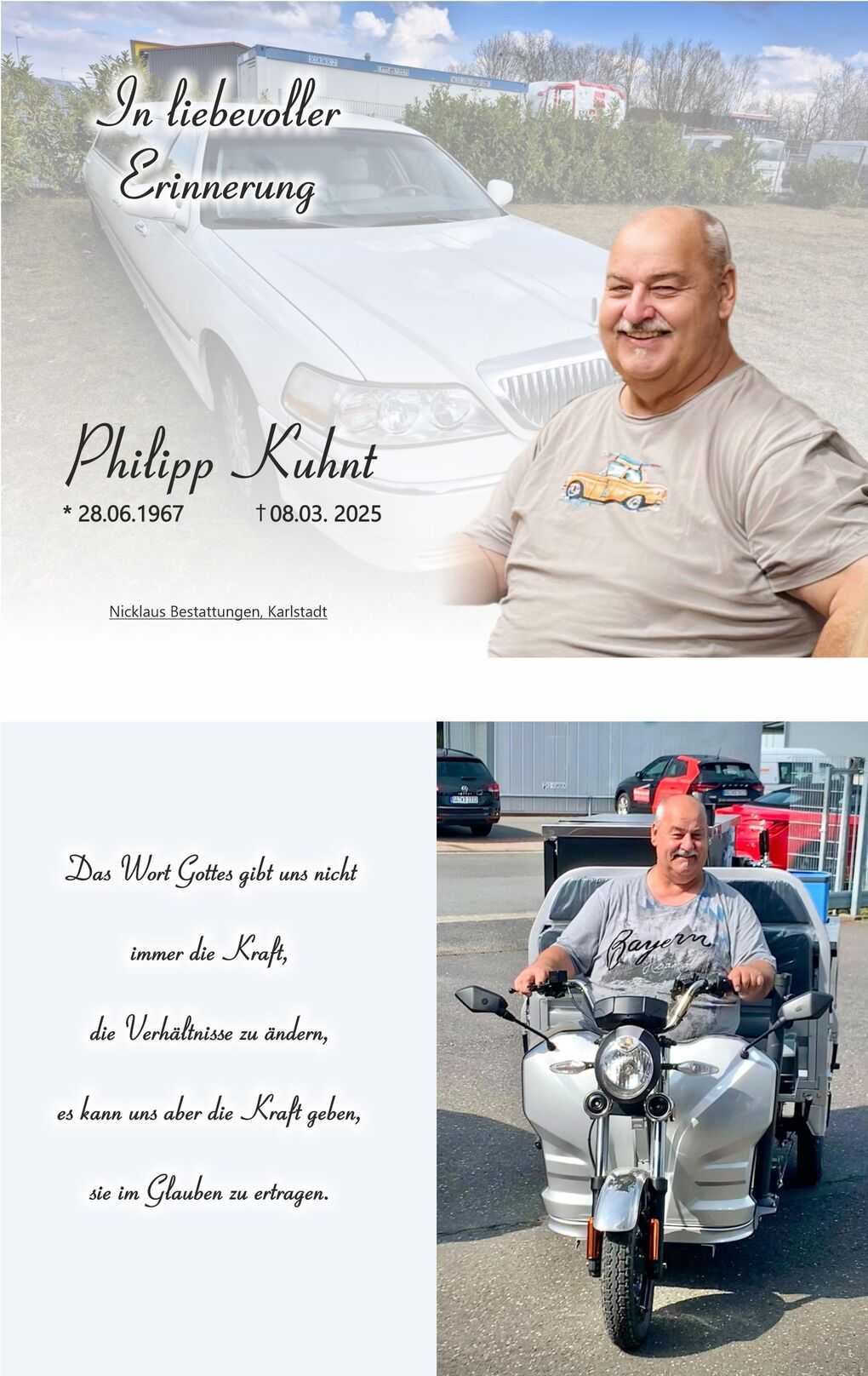 Gedenkbilder mit Texten und Portr&auml;t eines Mannes auf einem motorisierten Dreirad in einer urbanen Umgebung.