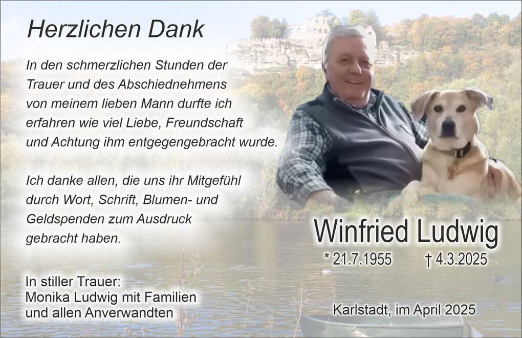 Dankeskarte in Erinnerung an Winfried Ludwig, mit Bild von ihm und einem Hund, sowie seinen Lebensdaten und Trauerbotschaft.