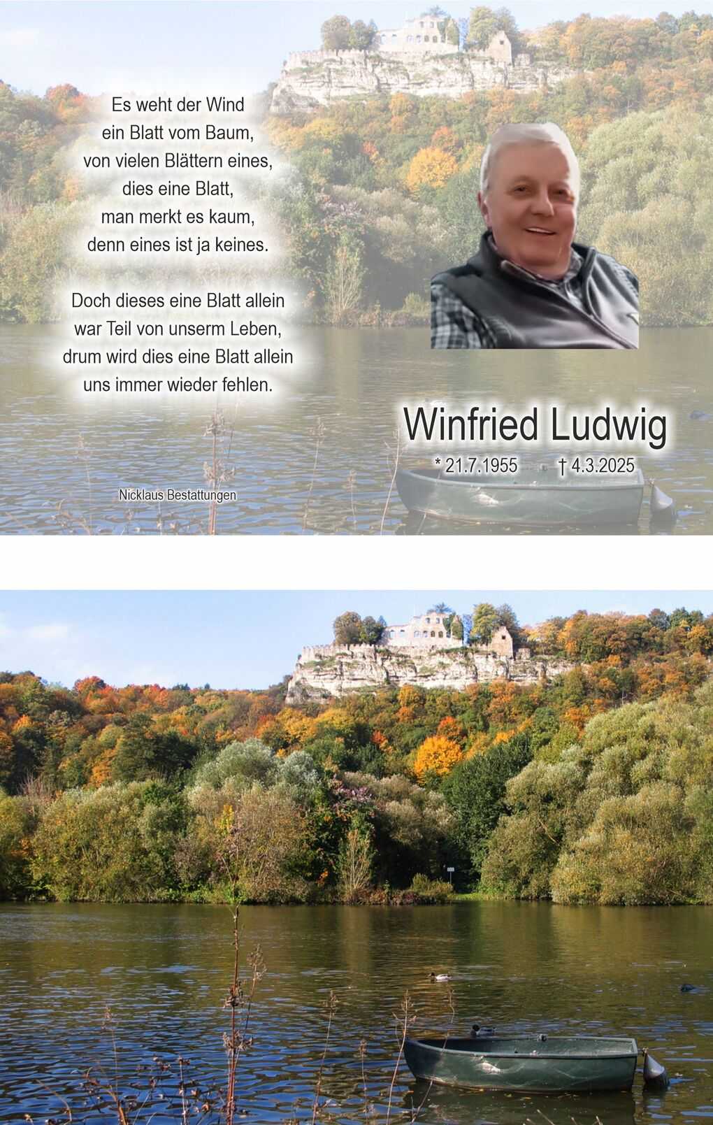 Bild mit einem gr&uuml;nem Boot auf einem ruhigen Gew&auml;sser, umgeben von buntem Laub und einer Burg im Hintergrund.