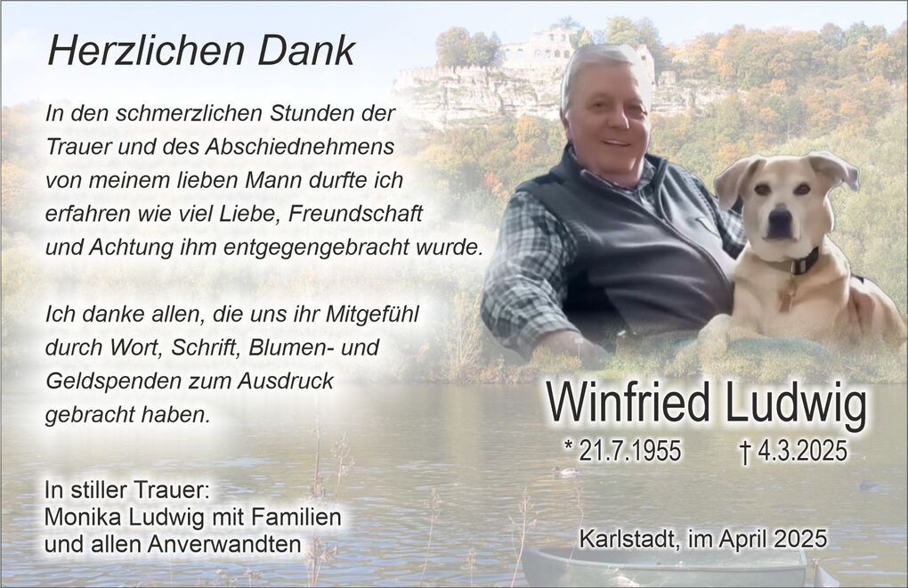 Dankeskarte in Erinnerung an Winfried Ludwig, mit Bild von ihm und einem Hund, sowie seinen Lebensdaten und Trauerbotschaft.