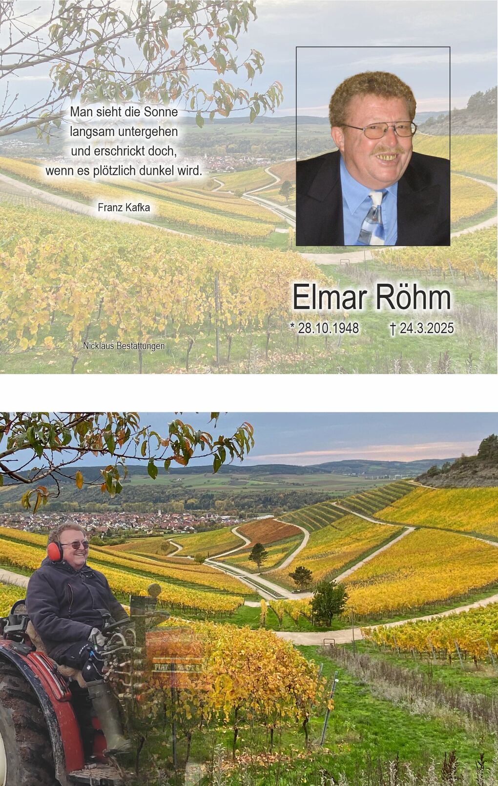 Gedenkbild f&uuml;r Elmar R&ouml;hm mit Portr&auml;t, Lebensdaten und Zitat &uuml;ber Weinberge im Herbst.