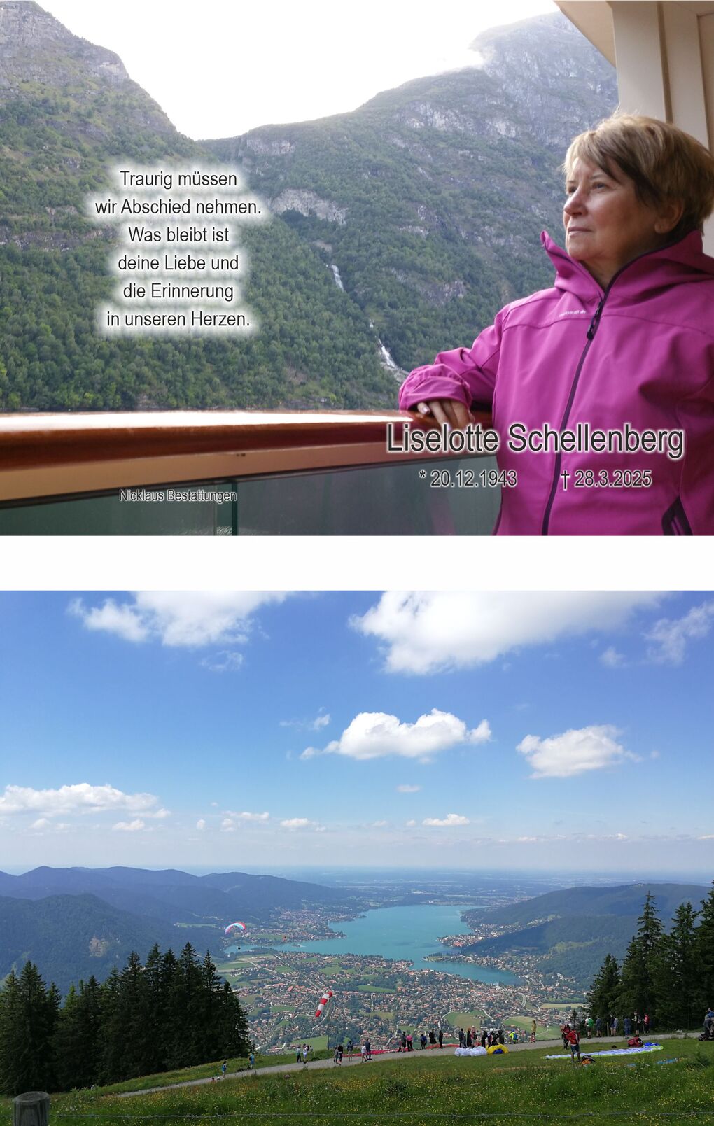 Frau schaut nachdenklich auf einen Fjord, umgeben von Bergen, mit einer Gedenknotiz im Hintergrund.