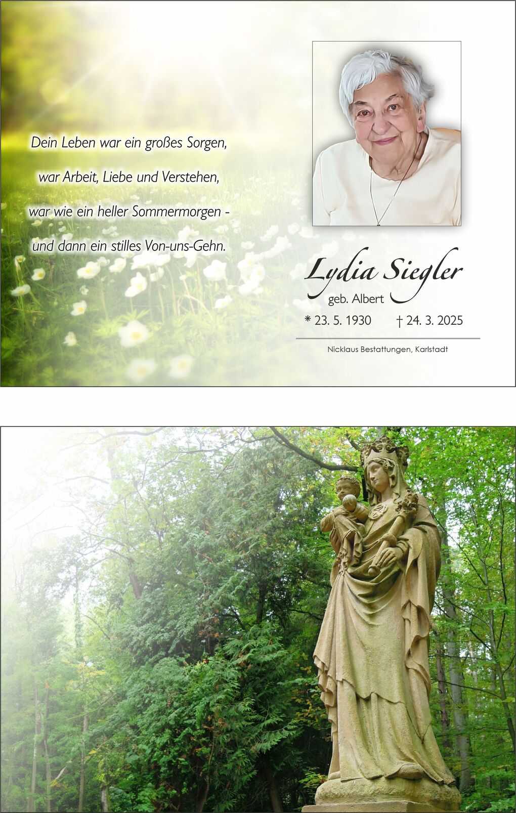 Denkmal einer Madonna mit Kind, umgeben von gr&uuml;nen B&auml;umen in einem ruhigen Park.