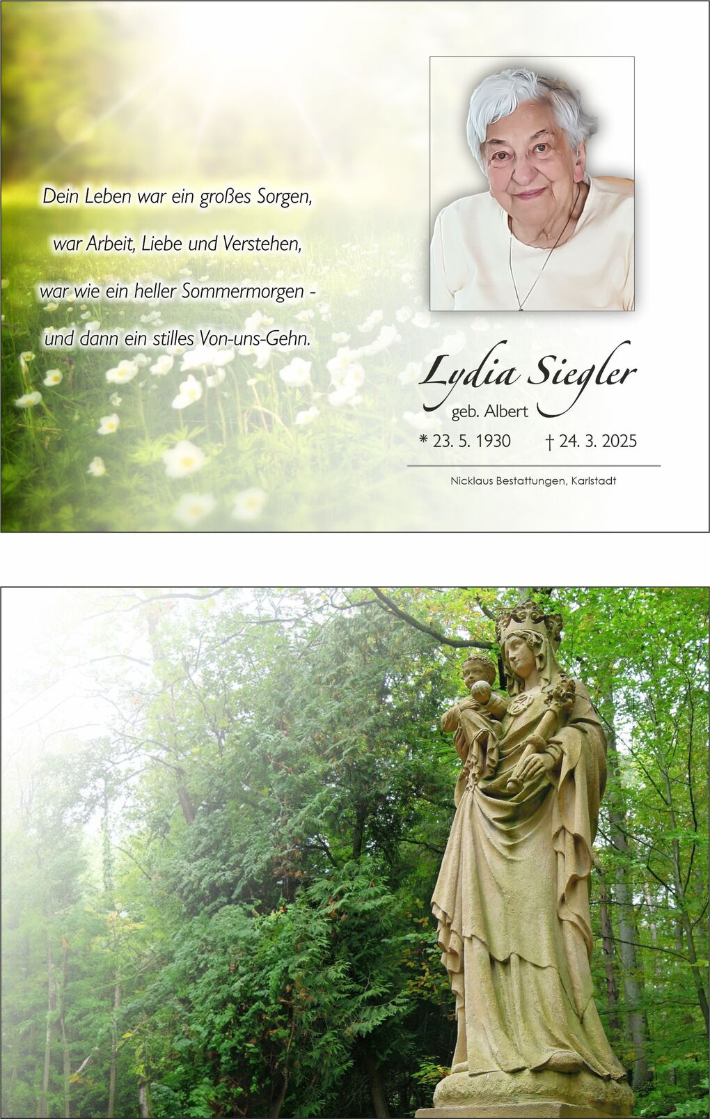 Denkmal einer Madonna mit Kind, umgeben von gr&uuml;nen B&auml;umen in einem ruhigen Park.