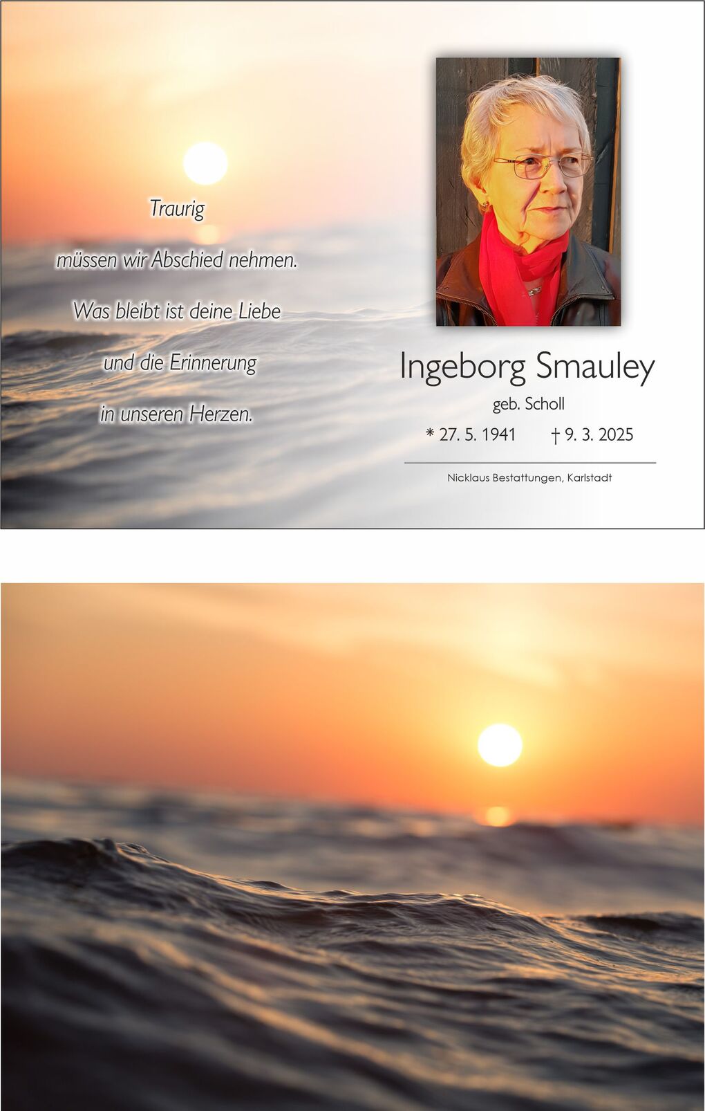 Portrait einer Frau mit grauen Haaren und rotem Schal vor einem Sonnenuntergang &uuml;ber dem Wasser. Text zur Erinnerung im Bild.