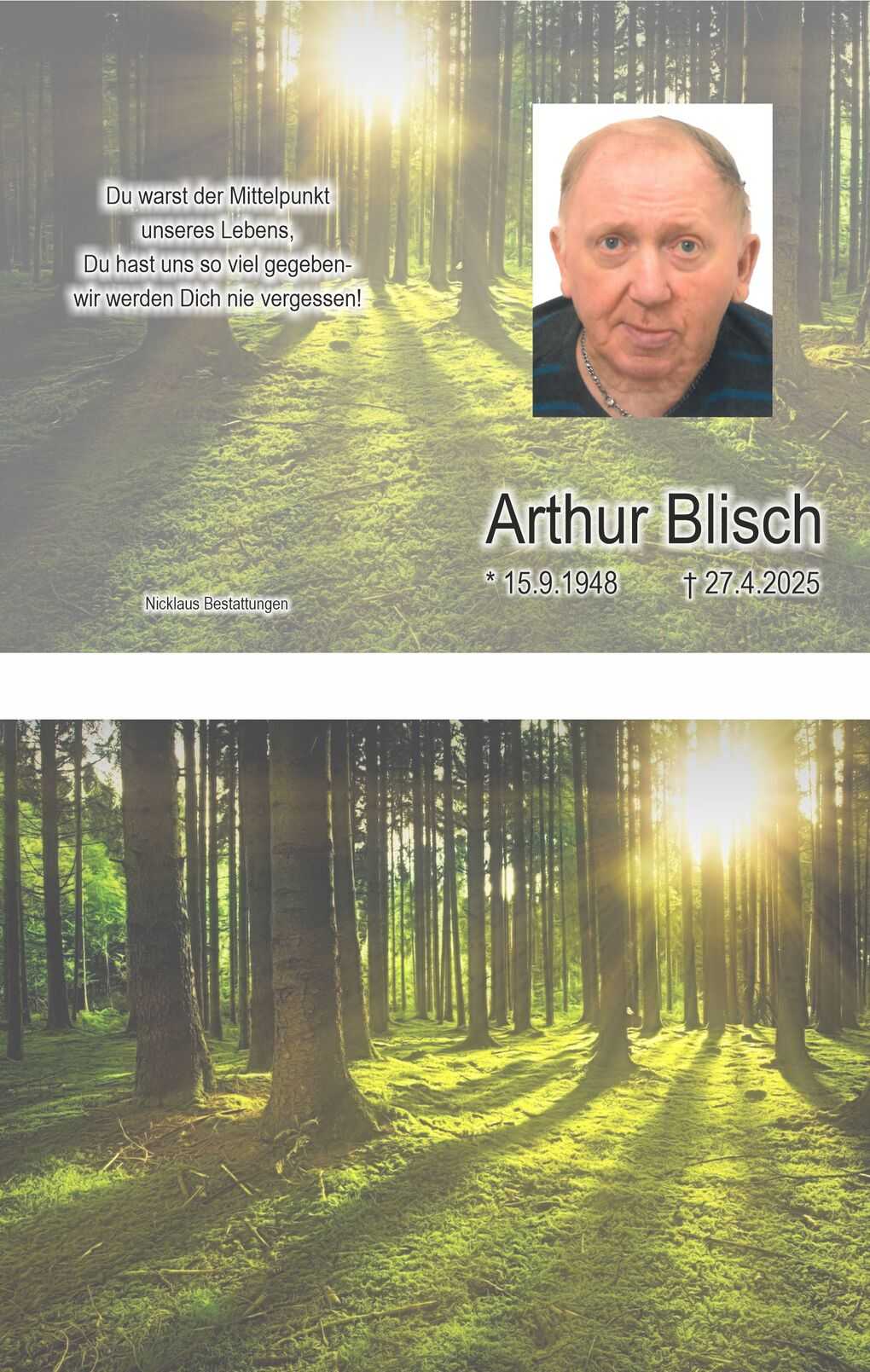 In einer Waldeinstellung ist ein Portr&auml;t von Arthur Blisch abgebildet, umgeben von Sonnenstrahlen und textlicher Ehrung.
