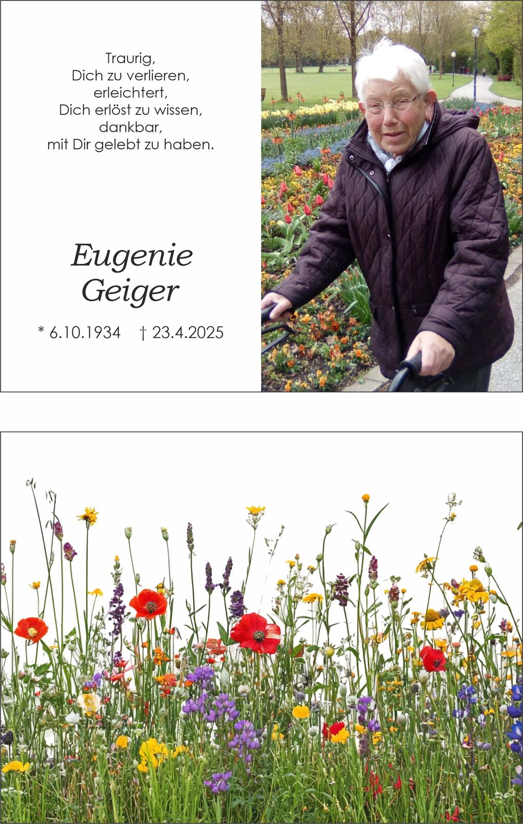 &Auml;lterer Mann mit Rollator steht in einem Blumenpark, umgeben von bunten Fr&uuml;hlingsblumen. Links ein Gedenktext.
