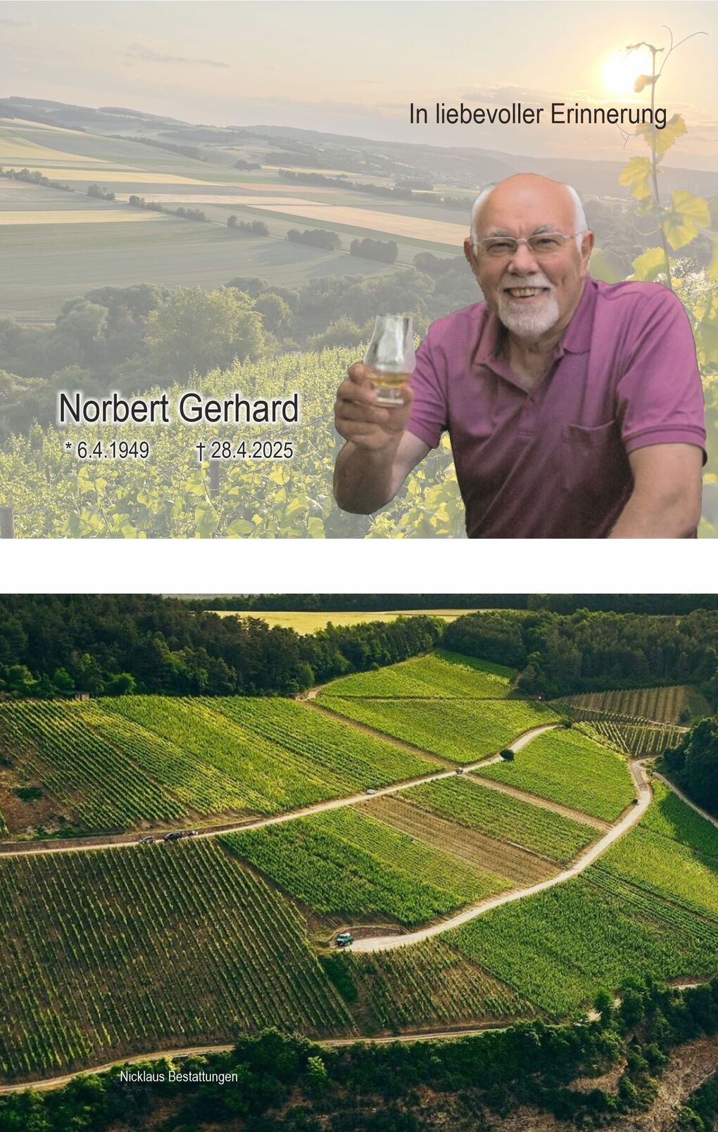 Portr&auml;t eines l&auml;chelnden Mannes mit Glas in der Hand vor einer Weinlandschaft, darunter eine Luftaufnahme von Weinbergen.