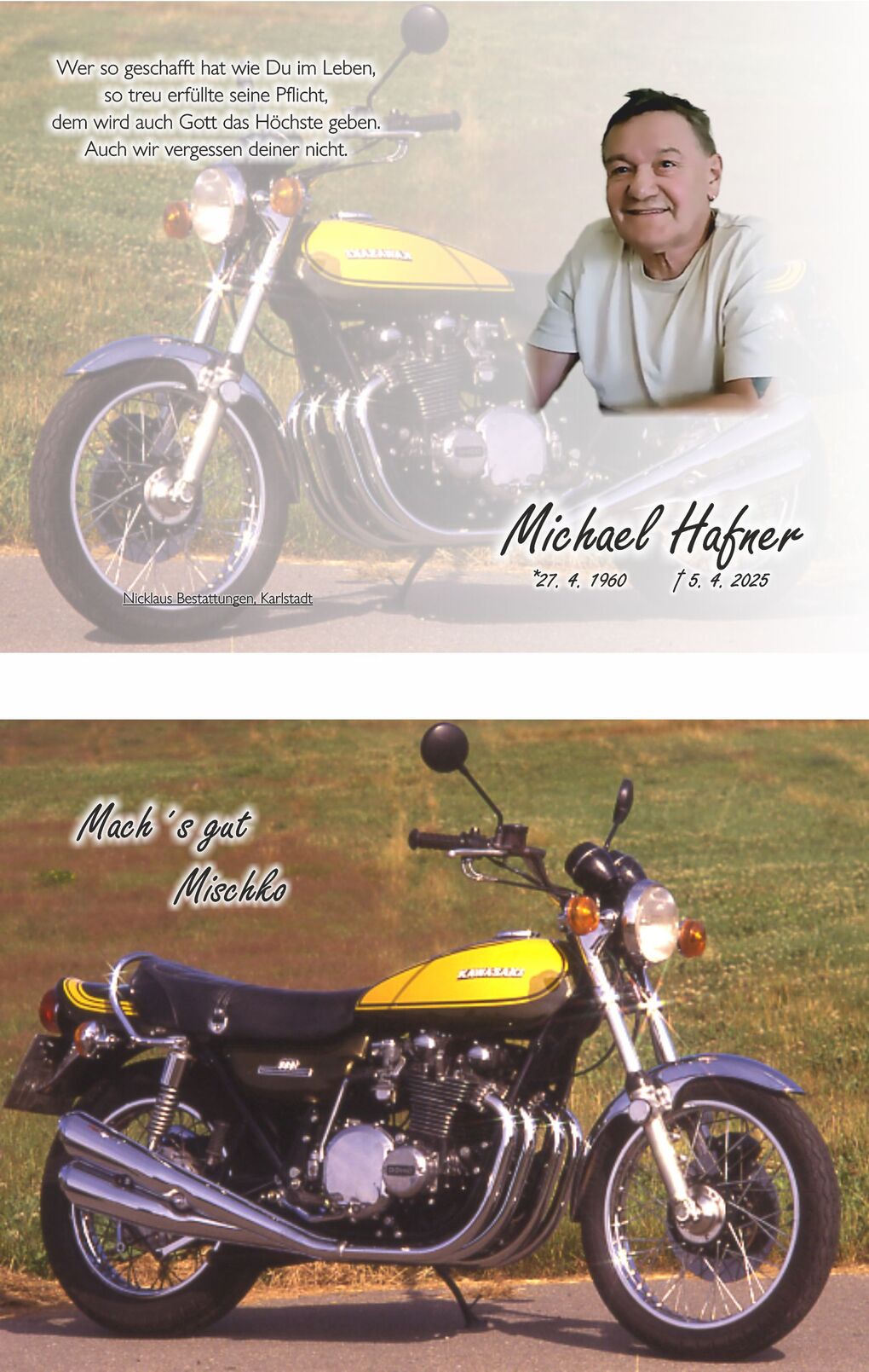 Ein Portr&auml;t von Michael Hafner neben einer gelben Kawasaki-Motorrad, umgeben von einer gr&uuml;nen Wiese.