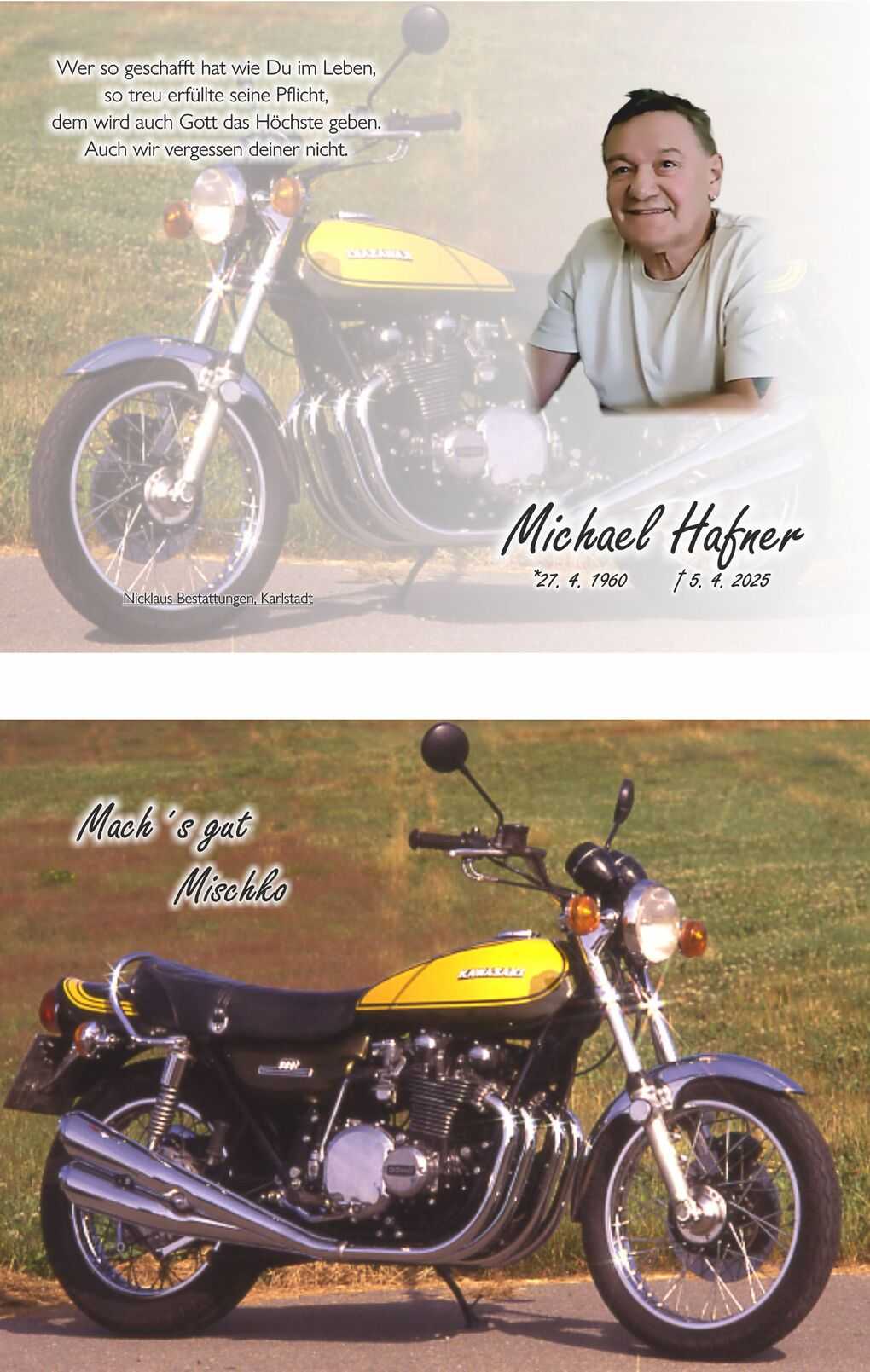 Ein Portr&auml;t von Michael Hafner neben einer gelben Kawasaki-Motorrad, umgeben von einer gr&uuml;nen Wiese.