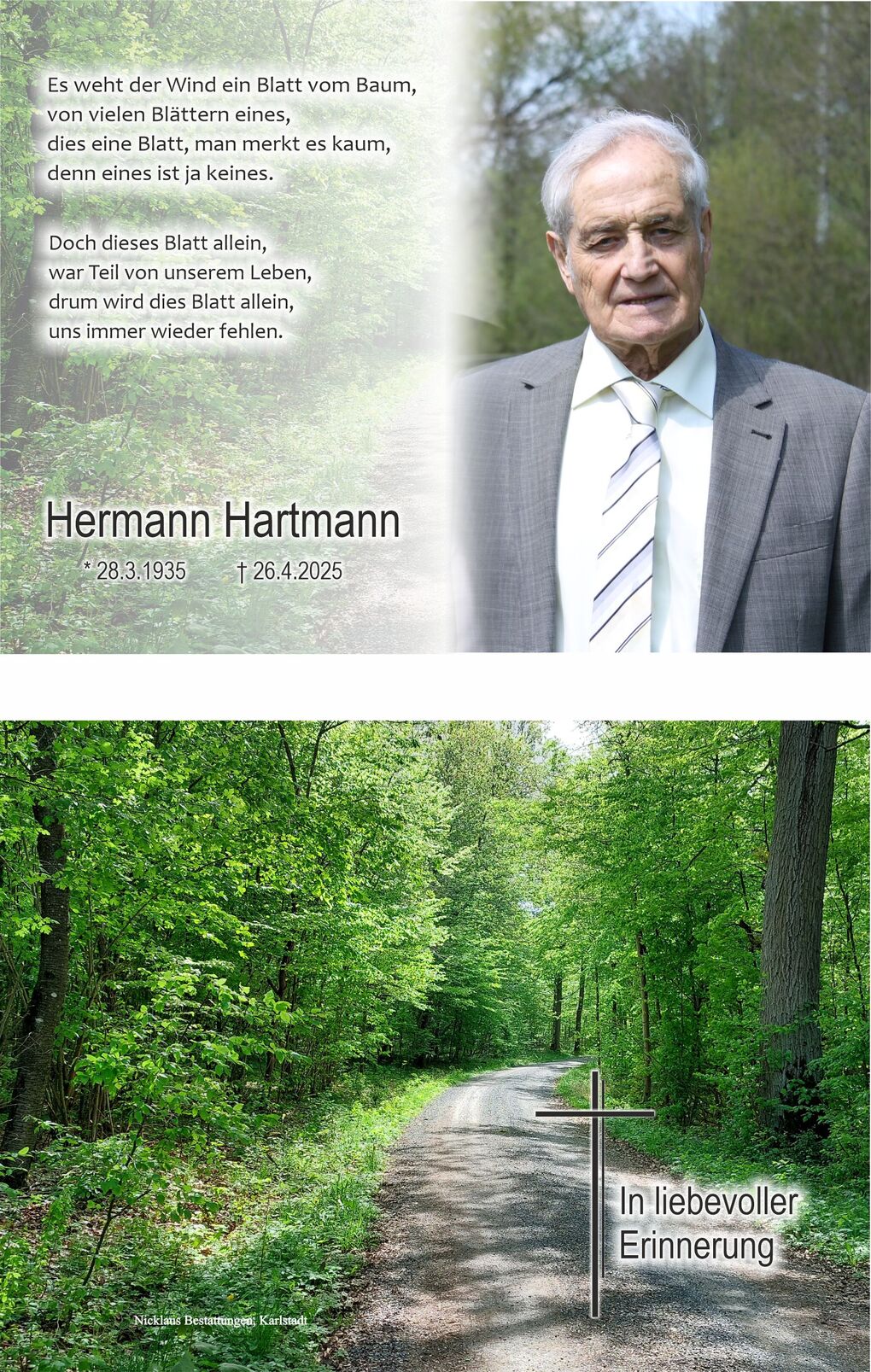 Portr&auml;t eines &auml;lteren Mannes in einem Anzug, umgeben von einem Waldweg mit gr&uuml;ner Vegetation und einem Kreuz.