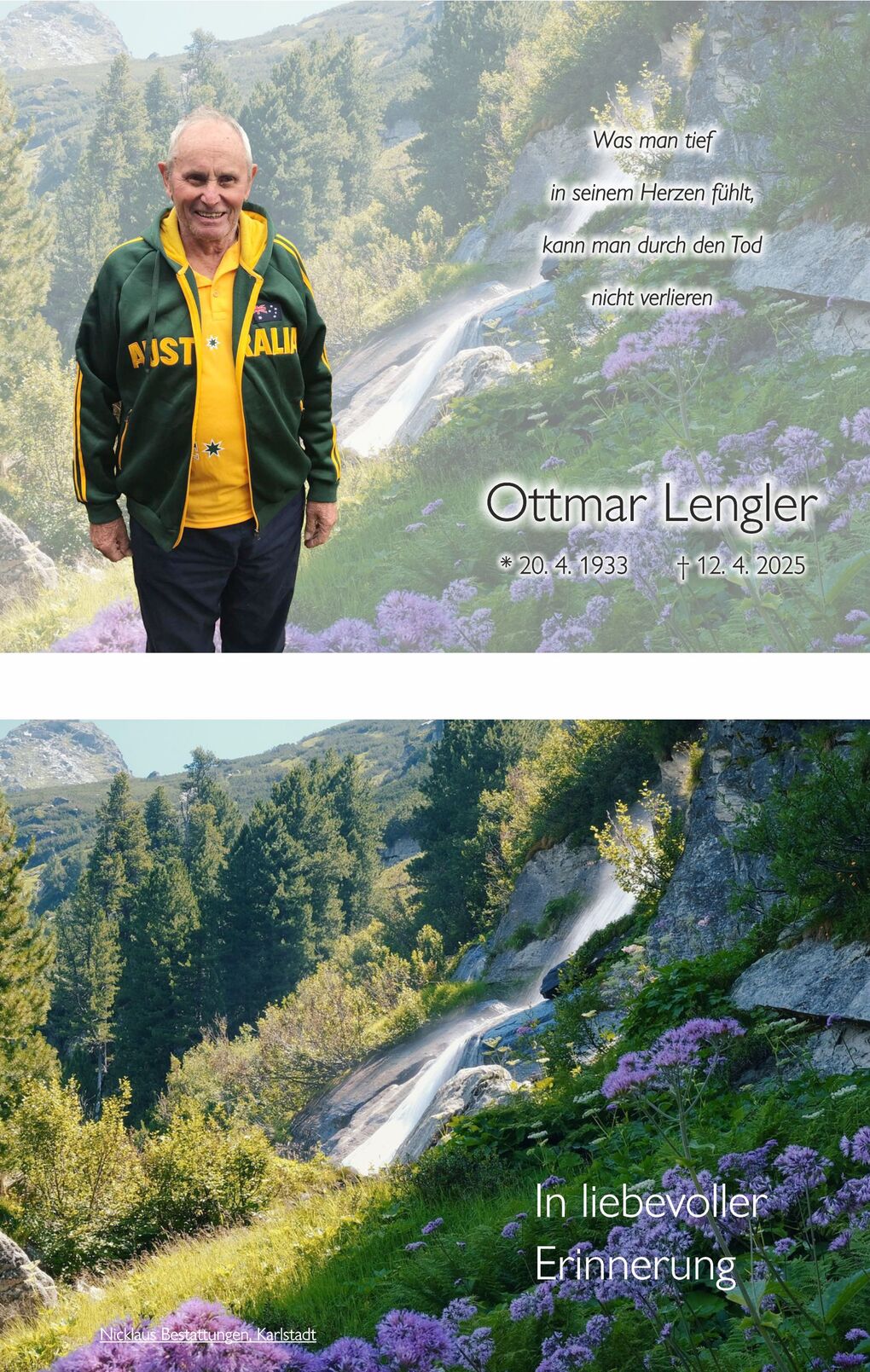 Portr&auml;t eines Mannes in gr&uuml;ner Jacke mit &bdquo;Australia&ldquo;-Aufschrift, vor einer bl&uuml;henden Landschaft mit Wasserfall.