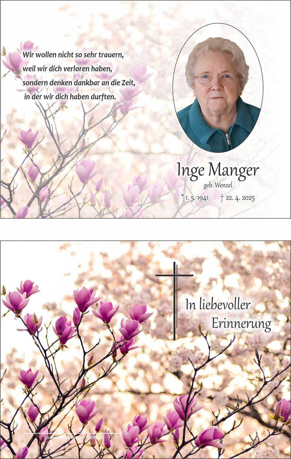 Portrait einer &auml;lteren Frau mit Brille auf Hintergrund von bl&uuml;henden Magnolien und einem Trauerschriftzug.