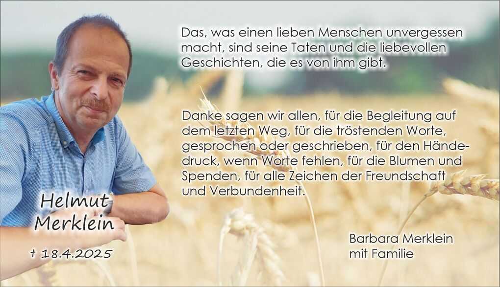 Traueranzeigen mit Portr&auml;t eines Mannes, umgeben von Weizenfeld, und Texten &uuml;ber Dankbarkeit und Erinnerungen.