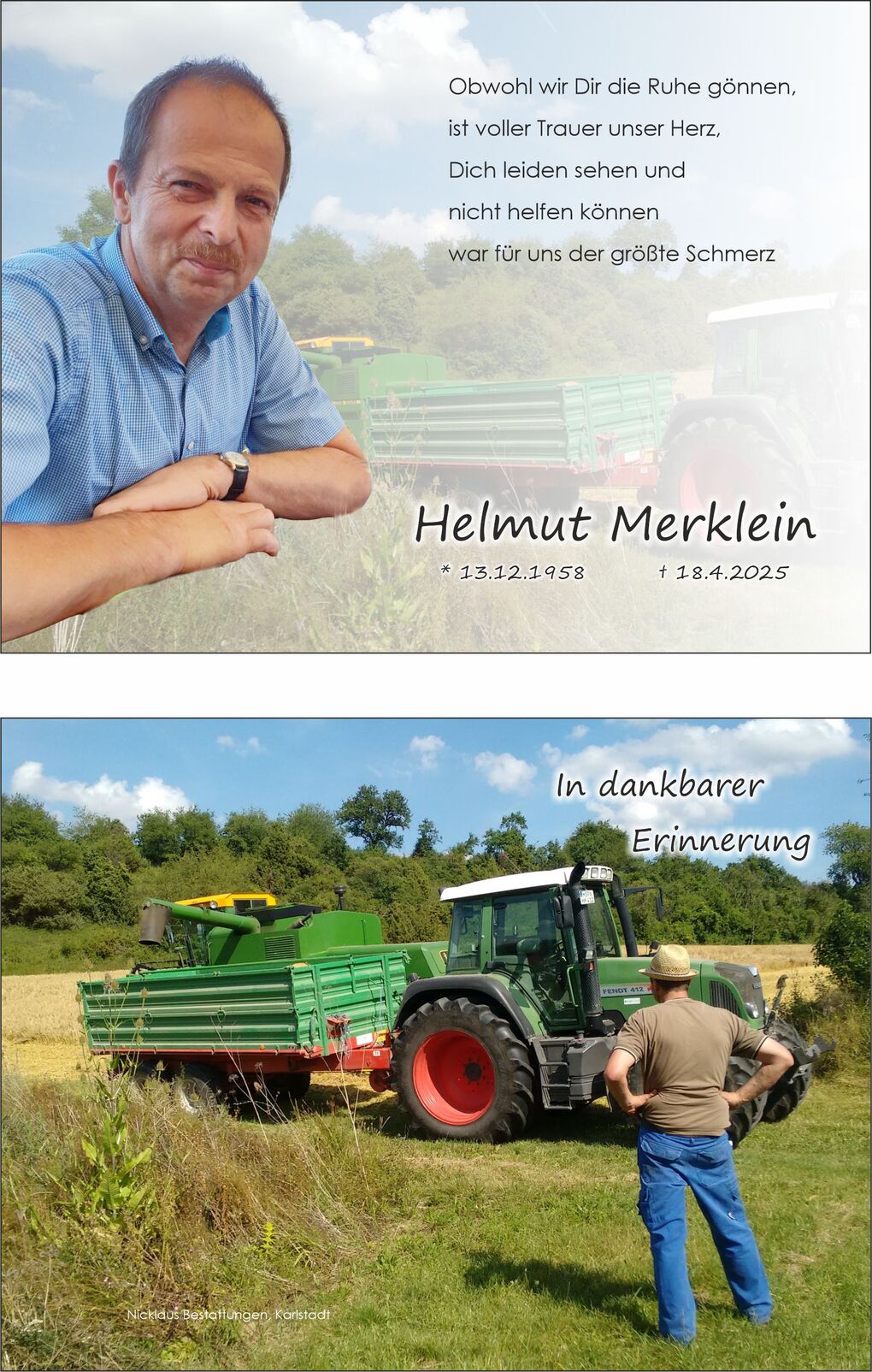 Portr&auml;t eines Mannes in einem blauen Hemd, vor einer gr&uuml;nen Traktoranh&auml;ngerkombination, mit Trauerspruch und Namen.