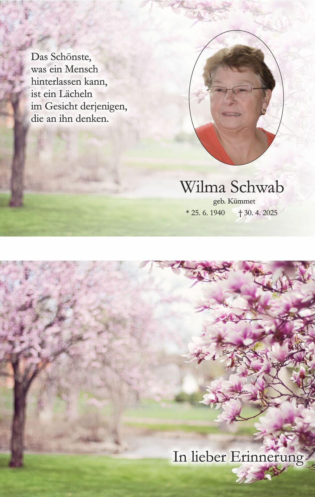 Gedenkbild mit Portr&auml;t von Wilma Schwab umgeben von bl&uuml;henden Magnolien und einer Trauerbotschaft im Hintergrund.