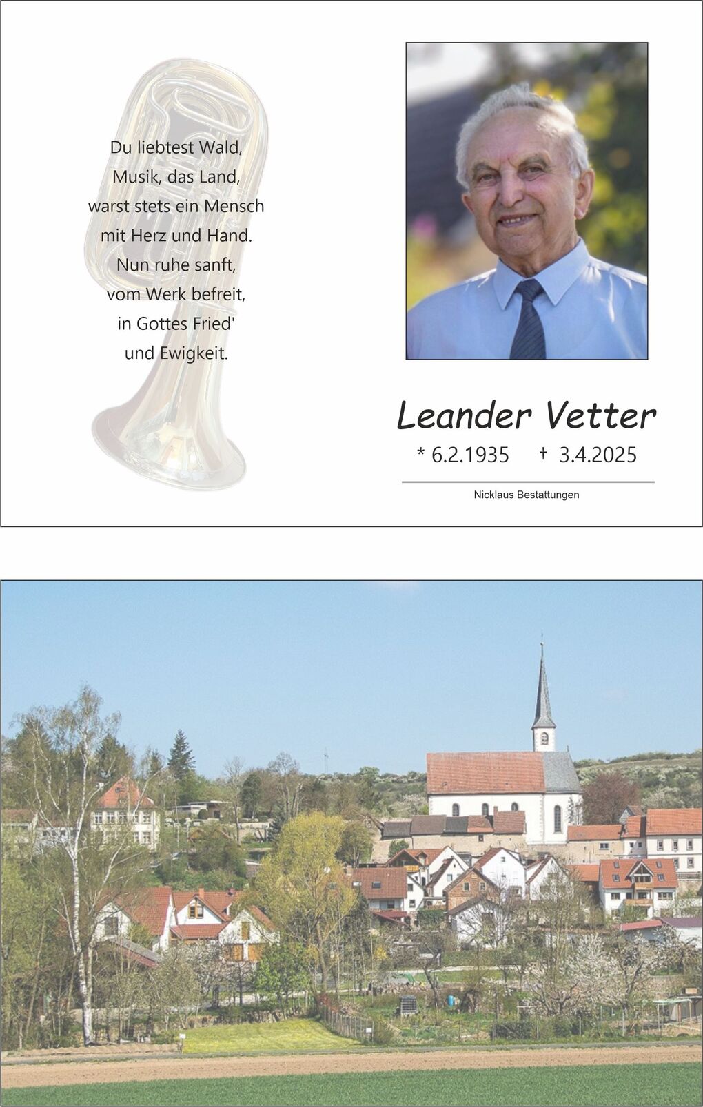 Bild eines oberschlesischen Dorfes mit Kirche, Wohnh&auml;usern und gr&uuml;nen Fl&auml;chen. Klare, sonnige Stimmung.