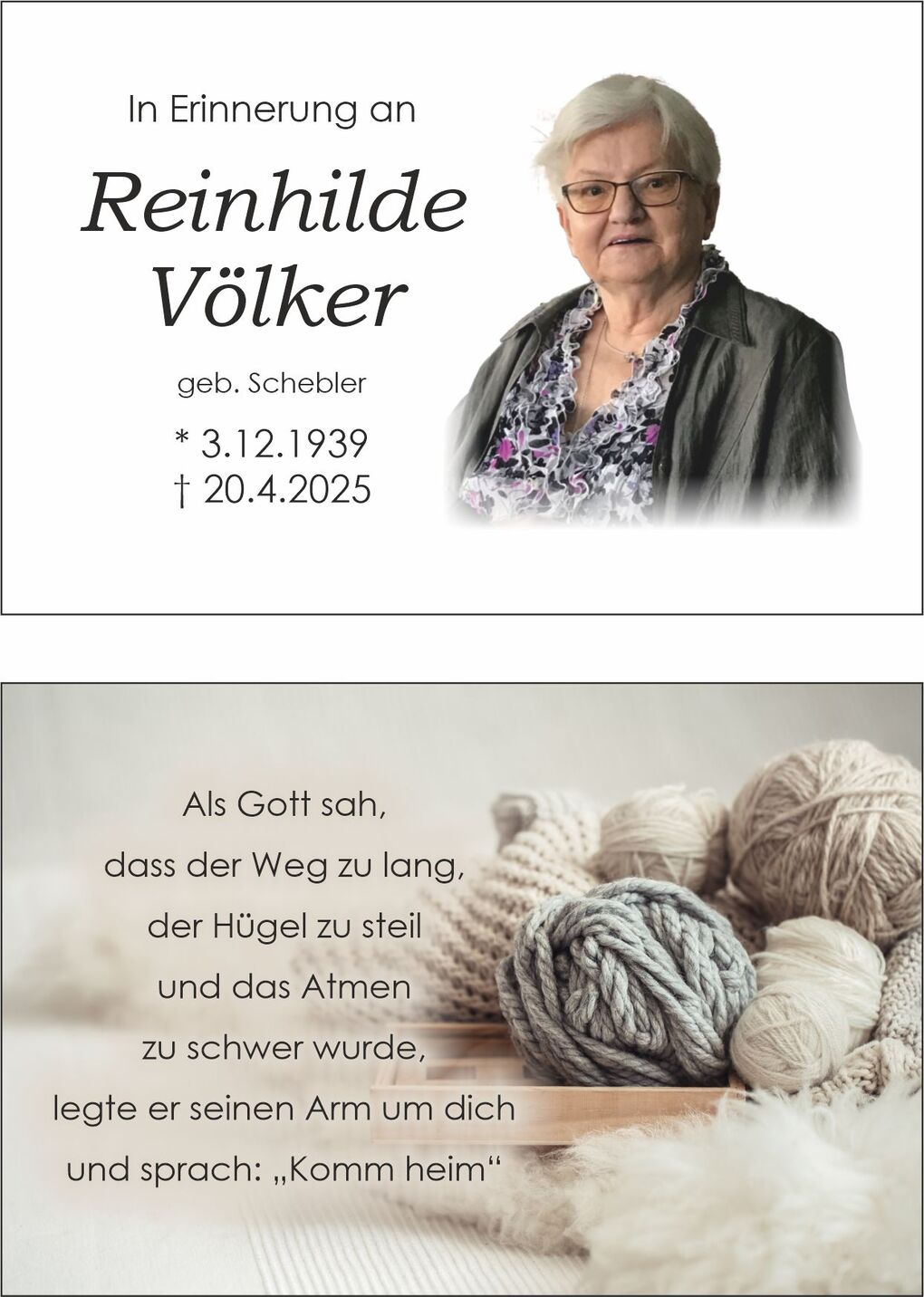 Traueranzeige f&uuml;r Reinhold V&ouml;lker mit Bild und Gedicht, umgeben von Wolle und Strickmaterialien.