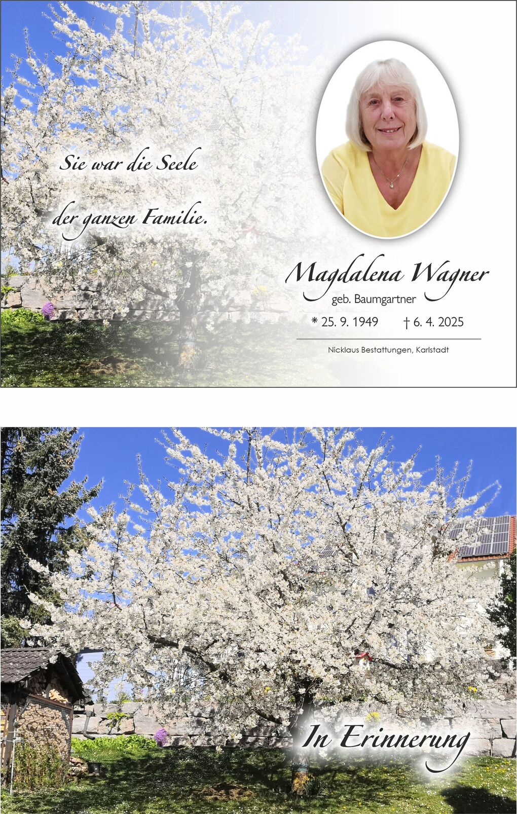 Gedenkkarte f&uuml;r Magdalena Wagner mit Portr&auml;t und bl&uuml;hendem Baum im Hintergrund, Text &uuml;ber ihre Bedeutung f&uuml;r die Familie.