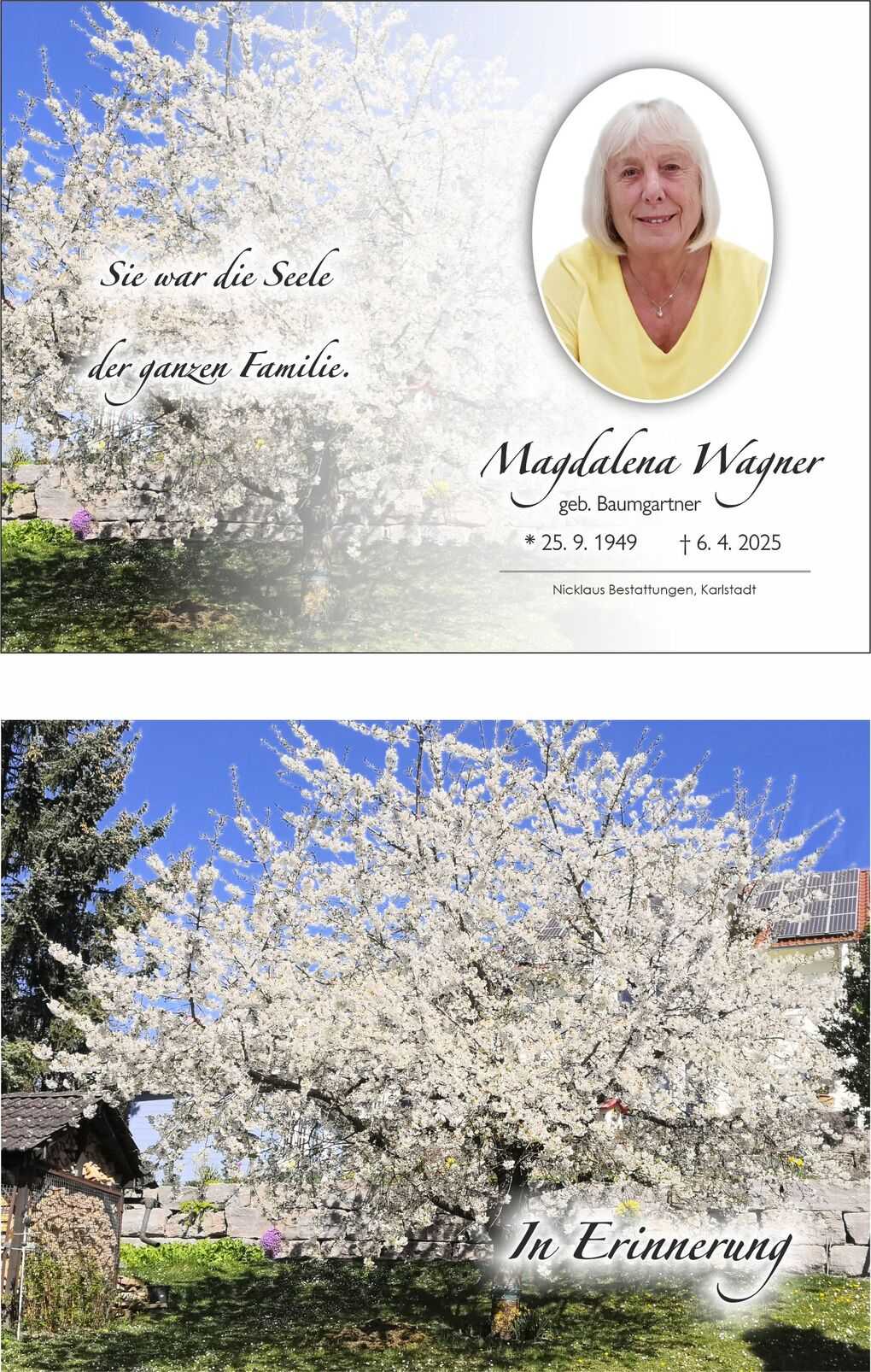 Gedenkkarte f&uuml;r Magdalena Wagner mit Portr&auml;t und bl&uuml;hendem Baum im Hintergrund, Text &uuml;ber ihre Bedeutung f&uuml;r die Familie.