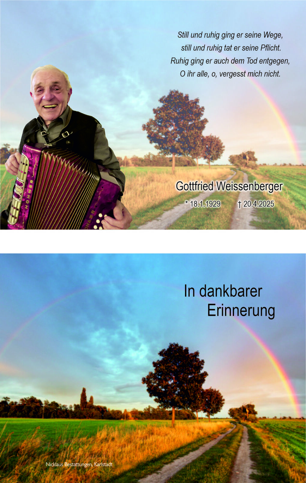 Portr&auml;t eines l&auml;chelnden &auml;lteren Mannes mit Akkordeon vor einer Landschaft mit Regenbogen und Weg. Text &uuml;ber Lebensdaten und Inschrift.
