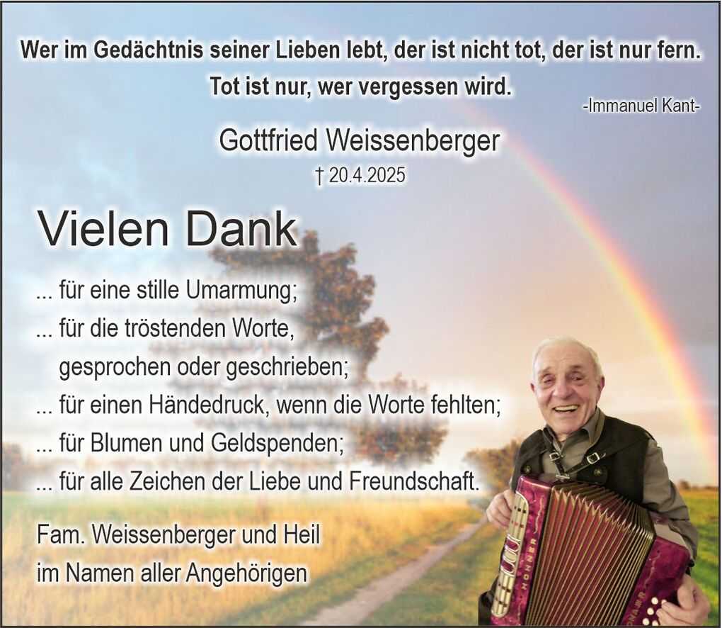 Traueranzeige mit Dankesworten f&uuml;r Gottfried Weissenberger, Bild eines l&auml;chelnden Mannes mit Akkordeon und Regenbogen im Hintergrund.