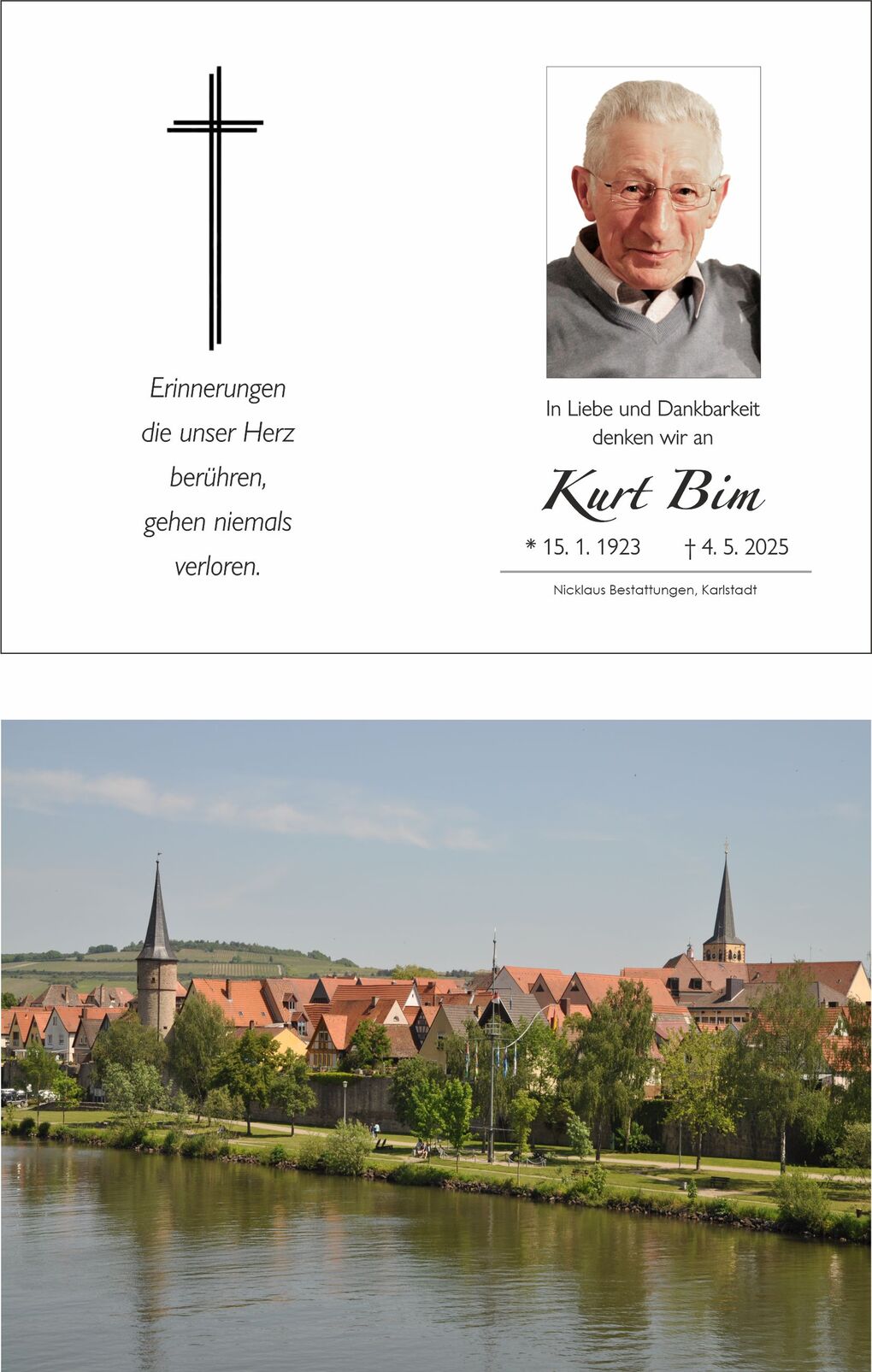 Stadtansicht mit historischem Geb&auml;ude und Fluss, umgeben von B&auml;umen und H&auml;usern mit roten D&auml;chern.