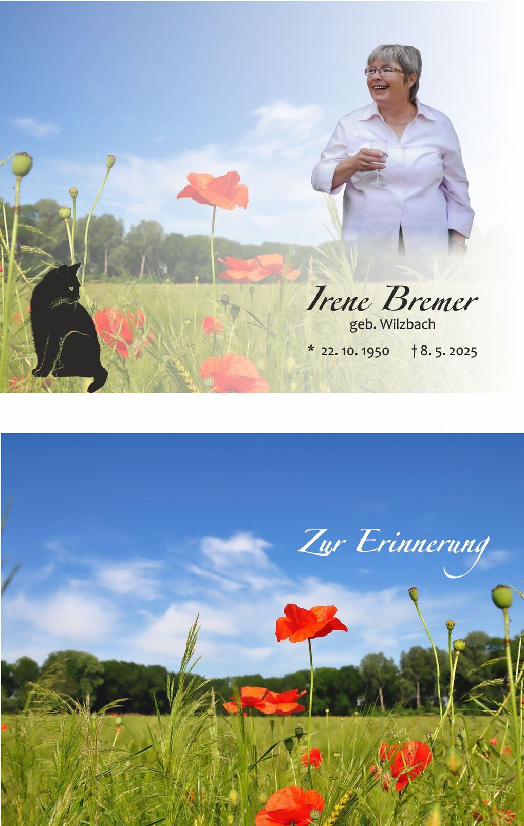 Portr&auml;t einer Frau mit Glas in einer bl&uuml;henden Mohnwiese, kombiniert mit einem schwarzen Katzenmotiv und Erinnerungsinschrift.