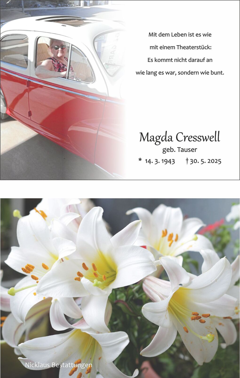 Porträt einer Frau im roten Auto mit Blumengruß und Trauersprüche im Hintergrund. Details zu Geburts- und Sterbedatum.