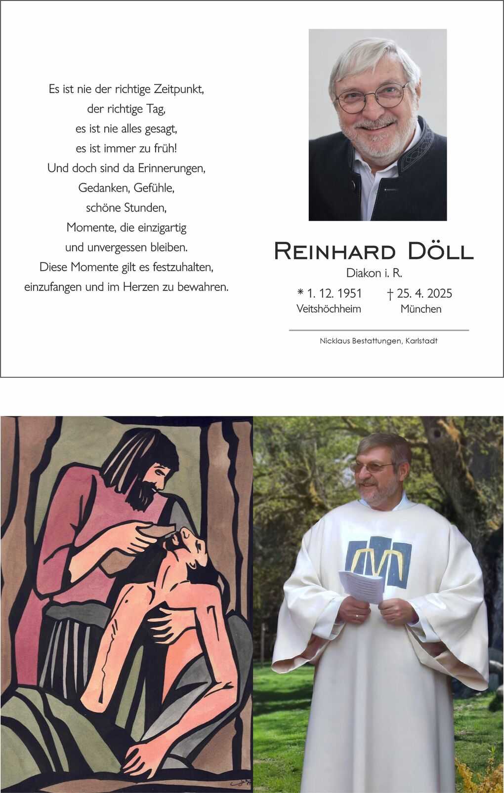 Trauerkarte mit Portr&auml;t von Reinhard D&ouml;ll und einer Illustration, die eine biblische Szene darstellt.