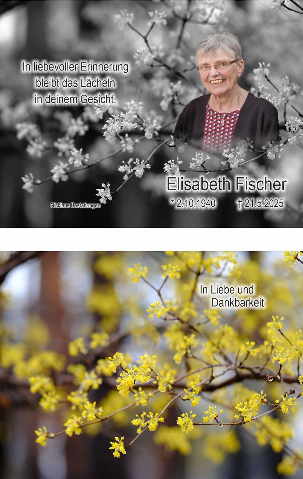 Bild einer Trauerkarte mit schwarz-wei&szlig;em Portr&auml;t einer l&auml;chelnden Frau und gelben Bl&uuml;ten im Hintergrund, mit Inschriften.