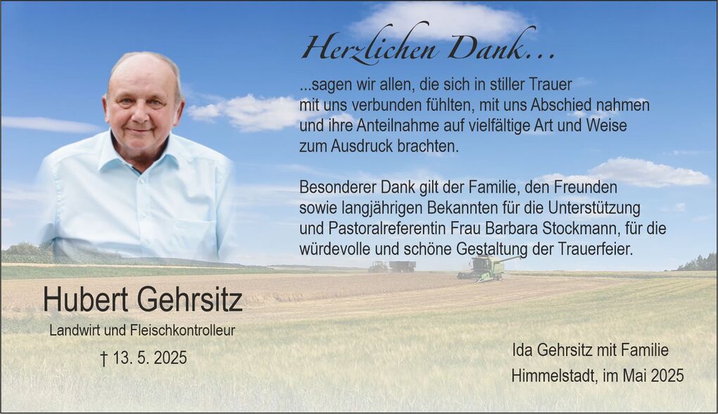 Portrait von Hubert Gehrsitz auf einer Trauerkarte mit Dankestext und Hintergrund einer Landschaft mit landwirtschaftlichen Ger&auml;ten.