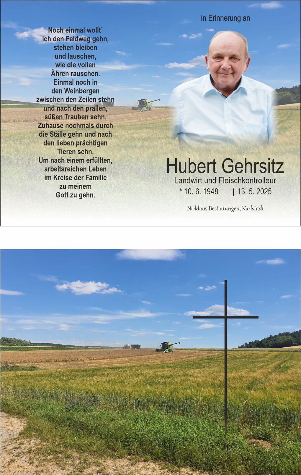 Schwarzes Kreuz im Vordergrund, im Hintergrund ein Erntefahrzeug auf einem Feld unter blauem Himmel.
