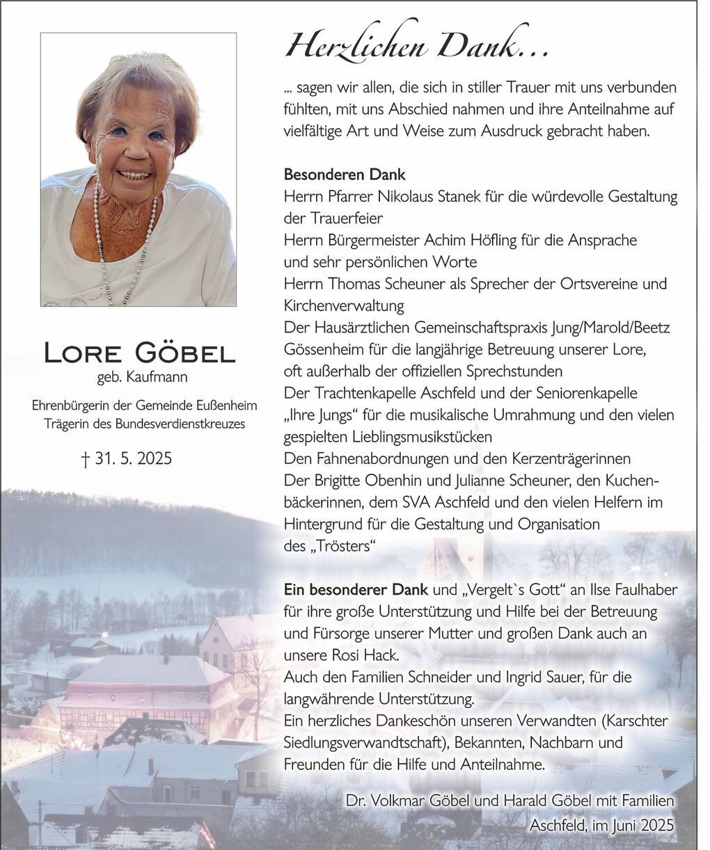 Dankeskarte f&uuml;r Lore G&ouml;bel mit Informationen zur Trauerfeier, Dank an Helfer und pers&ouml;nliche Worte. Wei&szlig;er Hintergrund, sanfte Farben.