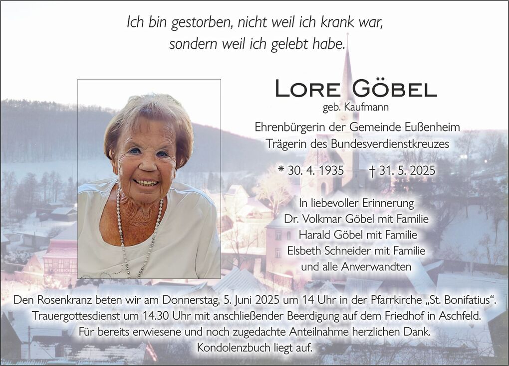 Traueranzeige für Lore Göbel, mit Foto und Angaben zu Lebensdaten sowie Gedenkveranstaltung.