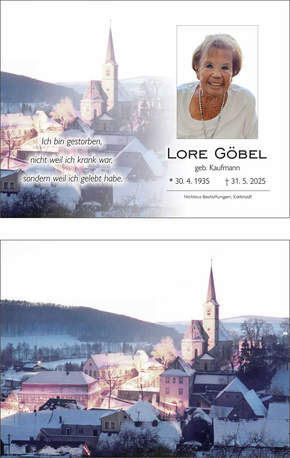 Bild einer Trauerkarte mit einem Foto einer &auml;lteren Frau und einem verschneiten Dorf mit Kirche im Hintergrund.