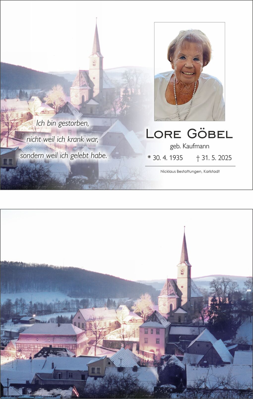 Bild einer Trauerkarte mit einem Foto einer älteren Frau und einem verschneiten Dorf mit Kirche im Hintergrund.