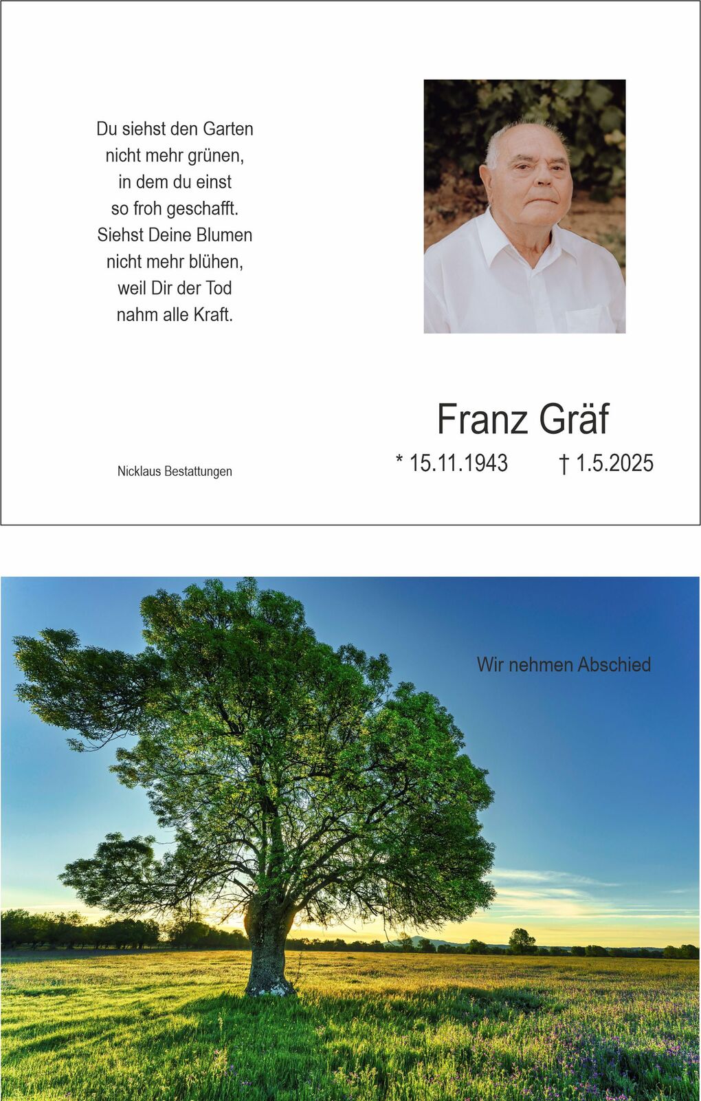 Bild einer Trauerkarte mit einem Foto eines &auml;lteren Mannes und einem Baum in einer Wiese bei Sonnenuntergang.