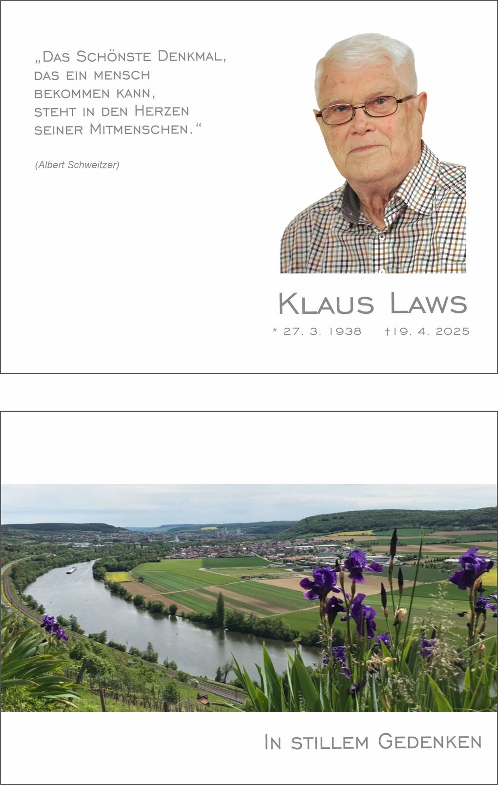Portr&auml;t eines &auml;lteren Mannes mit Brille und kariertem Hemd, zitiert Albert Schweitzer, darunter Landschaft mit Fluss und Blumen.