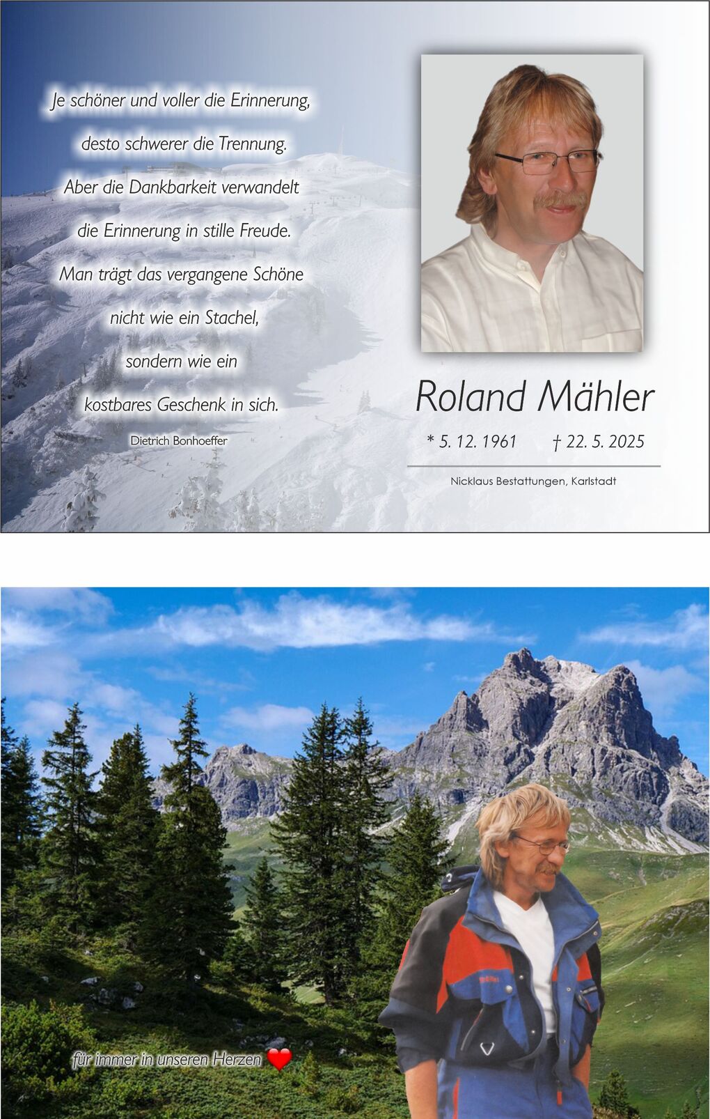 Gedenkbilder f&uuml;r Roland M&auml;hler, mit Portr&auml;t und Berglandschaft als Hintergrund, enthalten Trauerspruch und Lebensdaten.